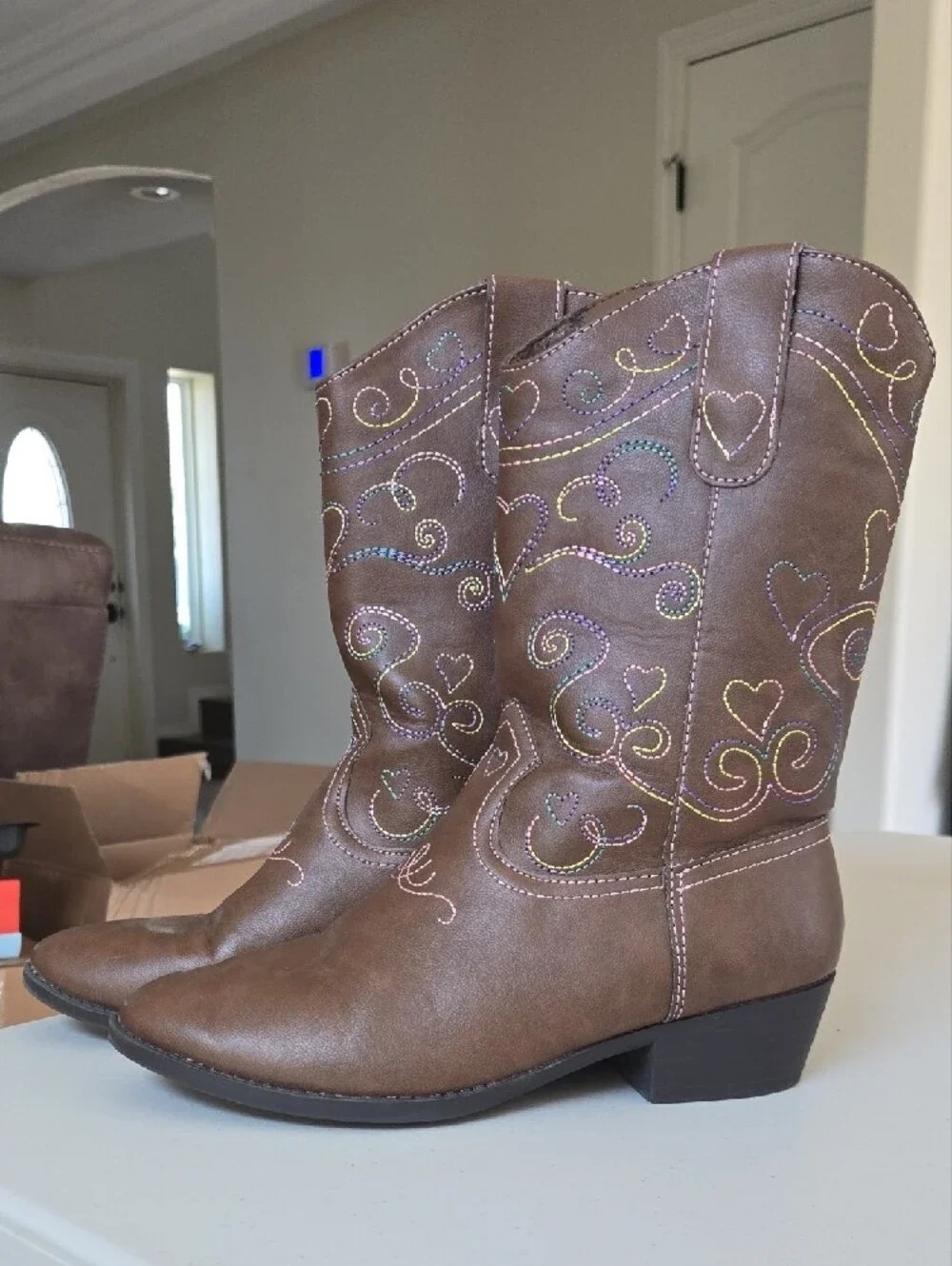 Brown Western Embroidered Mid-Calf Boots
